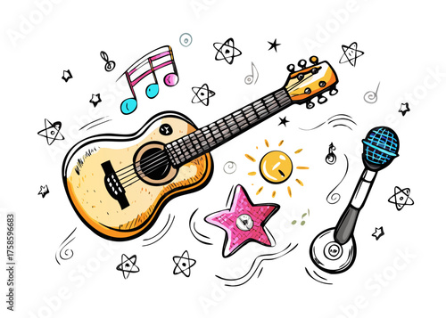 Hand drawn acoustic guitar microphone musical notes doodle vector illustration. Music education symbols, songwriting book, CD icon, treble clef, staff, stars, black outline clipart .vector icon