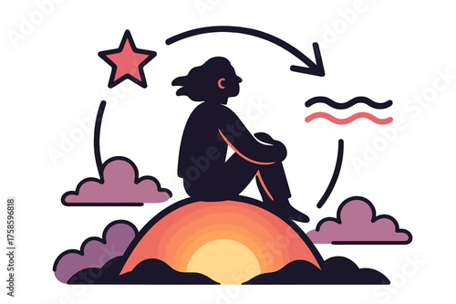 Peaceful Hilltop Reflection. End of journey. Person sitting peacefully on top of a small glowing hill, gazing at horizon. Floating star and calm wave icons