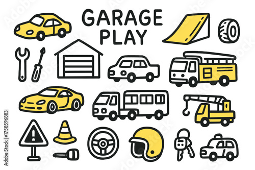 Garage Playtime Doodles. Garage Play. Hand-drawn doodle illustration garage play toy car (accented), garage, ramp (accented), tire, tools, sports car