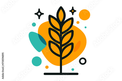 Modern Wheat Emblem. Wheat Symbol. A single bold wheat stalk enlarged as a graphic emblem, abstract floating circles and glowing accents surrounding it. Modern