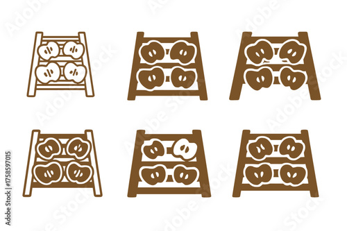 Apple Drying Logos. Drying apples. Set Logo of Drying apples: Apple slices on a wooden drying rack. harmonious logo variations of the same emblematic concept,