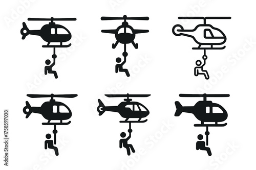 Rescue Helicopter Logos. Helicopters and aircraft involved in rescue operations. Set Logo of Aviation: helicopter with rescue winch icon. harmonious logo