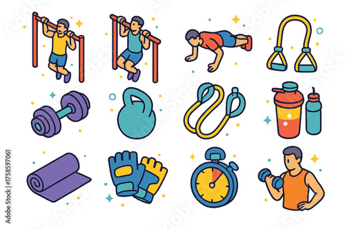 Upper Body Fitness Icons. Upper body strength. Colorful isometric vector icons set of upper body strength: pull-up, chin-up, push-up, dumbbell, kettlebell,