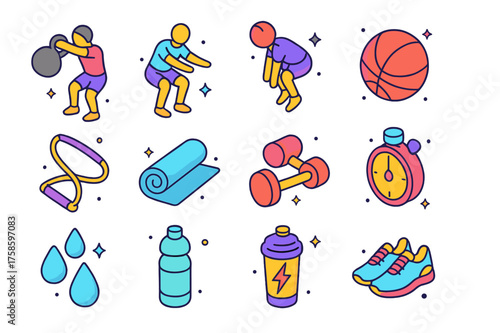 Colorful Fitness Icons. High-intensity training. Colorful isometric vector icons set of high-intensity training: person swinging kettlebell, jump squats,