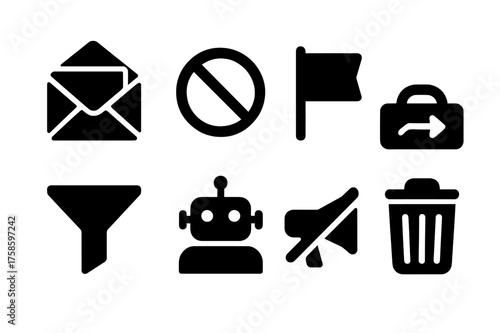 Spam Control Icons. Spam control. Filled icon set of Spam control: spam folder, blocked sign, report flag,
