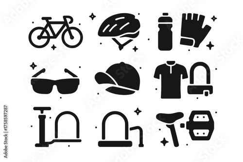 Cycling Gear Icons. Cycling Sports. Solid icons set of Cycling Sports: Bicycle, Helmet, Water Bottle, Gloves, Sunglasses, Cap, Jersey, Lock, Pump, Bike Rack,