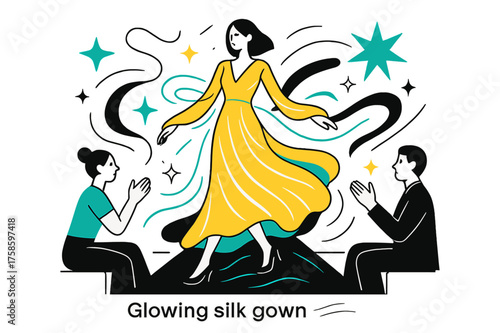 Glowing Silk Runway. Silk fashion. A runway scene with a model wearing a glowing silk gown, abstract stars and smooth flowing lines around showing movement and