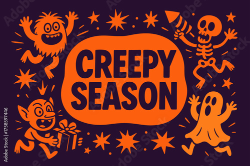 CreepySeason Celebration. CreepySeason banner, flat vector illustration, bold oversized text inside rounded blob, cartoon characters jumping and shouting