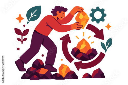 Mining Waste Renewal. Recycling and reuse of mining waste. A character placing glowing chunks of mining debris