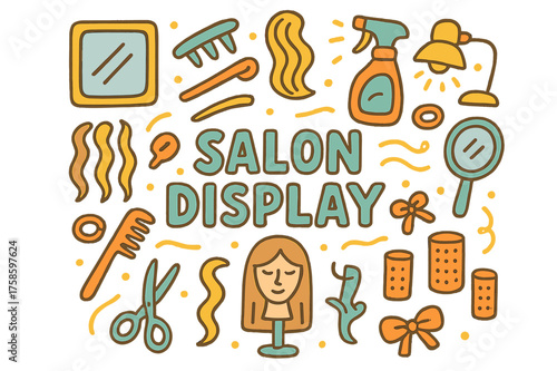 Colorful Salon Display. Salon Display. Hand-drawn doodle illustration of Salon Display. mannequin head, hair
