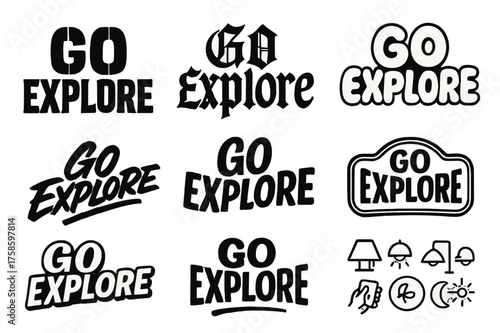 Creative Lettering Grid. Go explore. Set lettering. harmonious lettering variations of the same emblematic concept, each with different artistic interpretation