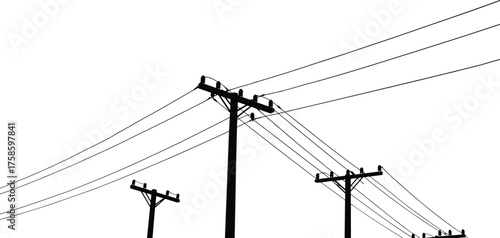 Silhouette of power lines and utility poles vector illustration, black and white electric post design, minimalist industrial landscape artwork for urban energy concept