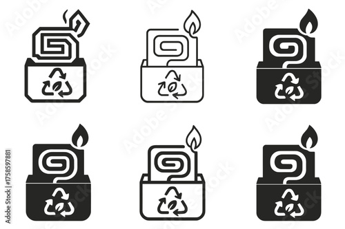 Eco Spiral Logos. Lighting a bug-repellent spiral. Set Logo of Lighting a bug-repellent spiral: Recyclable spiral packaging with eco symbol. harmonious logo