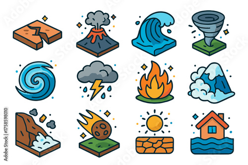 Natural Disasters Icons. Natural disasters. Colorful isometric vector icons set of natural disasters: earthquake crack, volcano eruption, tsunami wave,