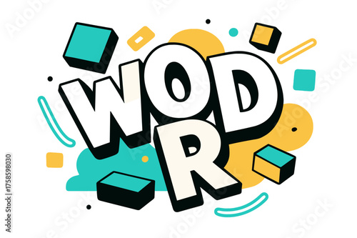 Playful 3D Typography. Bold Word Art. Single oversized word in chunky 3D font, letters stacked playfully. Abstract geometric blocks and glowing lines float
