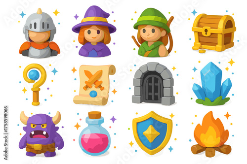 Fantasy Co-op Icons. Fantasy co-op. 3D icons set of fantasy co-op: knight avatar, mage avatar, archer avatar, healer staff, co-op quest scroll, dungeon gate,