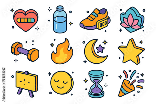 Wellness Icons Grid. Colorful isometric vector icons set of well-being gamification: health meter heart, water-drinking goal bottle, step counter shoe,