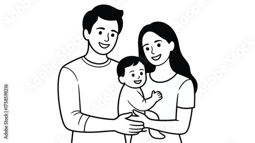 Black and white line art illustration of a happy family with a baby parents child