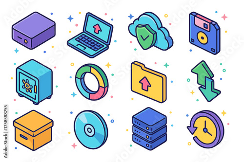 Colorful Backup Icons. Colorful isometric vector icons set of online backup: external hard drive, laptop backup, cloud with shield, floppy disk, safe vault,