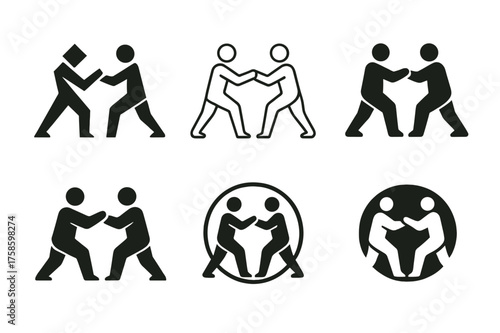 Tai Chi Logos. A person practicing tai chi in a serene park, surrounded by greenery. Set Logo of A person practicing tai chi in a serene park, surrounded by