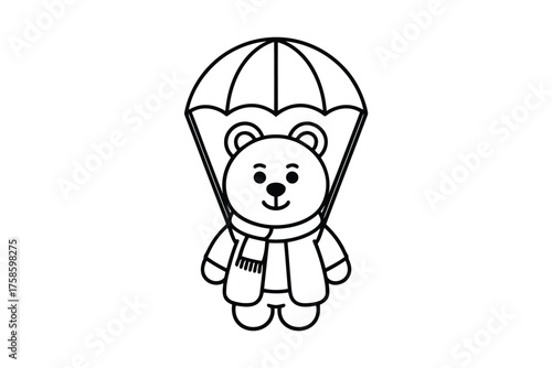 Black and white line art illustration of a teddy bear wearing a scarf and coat descending with a parachute