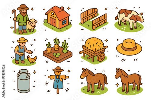 Pastoral Icons Collection. Pastoral life. Colorful isometric vector icons set of pastoral life: shepherd, grazing sheep, farmhouse, wooden fence, cow in