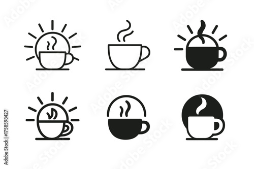 Coffee Logo Variations. Morning coffee ritual. Set Logo of Morning coffee ritual: Sunrise behind a steaming cup. harmonious logo variations of the same