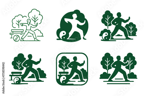 Tai Chi Serenity. A person practicing tai chi in a serene park, surrounded by greenery. Set Logo of A person practicing tai chi in a serene park, surrounded by