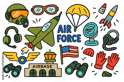 Colorful Air Force Doodles. Air Force. Colorful Hand-drawn doodle Children illustration Fighter jet, pilot helmet, goggles, parachute, airbase, radar, missile,