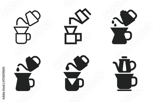 Morning Coffee Logos. Morning coffee ritual. Set Logo of Morning coffee ritual: Pour-over cone with kettle stream. harmonious logo variations of the same
