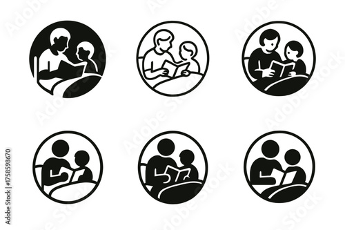 Sibling Bonding Logos. Sibling moments and family bonding. Set Logo of Sibling moments and family bonding: Bedtime Story Circle. harmonious logo variations of