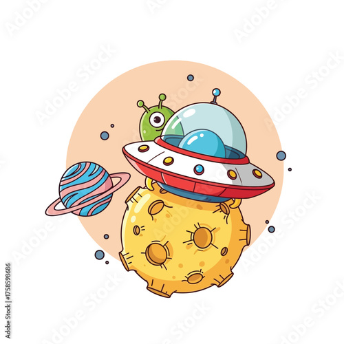 Cartoon UFO with planets and a cheese moon on soft pink background, symbolizing cosmic fantasy and imagination in cute vector style.