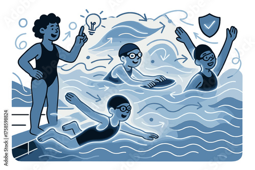 Vibrant Swim Training. Poolside learning. Glowing children practicing swimming drills, abstract floating light lines and geometric waves emphasizing learning,