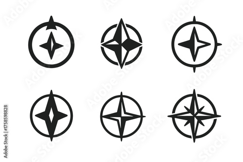 Leadership Compass Logos. Leadership training. Set Logo of Leadership training: Compass / Direction dial pointing true north. harmonious logo variations of the