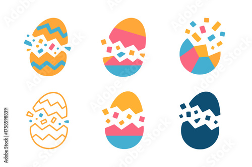 Easter Egg Logos. Easter egg hunts and party games. Set Logo of Easter egg hunts and party games: Pinata-style egg bursting with confetti. harmonious logo