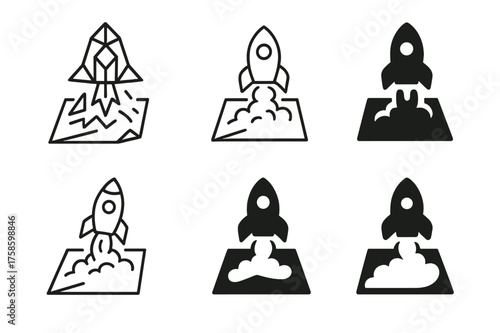 Rocket Logo Variations. Dream realization. Set Logo of Dream realization: Rocket launching from a paper sketch. harmonious logo variations of the