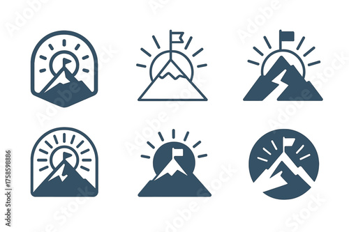 Dream Realization Logos. Dream realization. Set Logo of Dream realization: Mountain summit with a planted flag and sunrise. harmonious logo variations of the