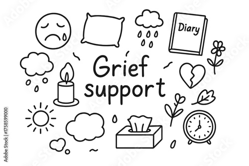 Grief Support Doodle. Grief support. Hand-drawn doodle illustration of Grief support. Sad face, teardrop,