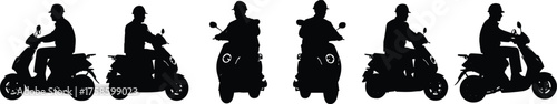Scooter riders, silhouette illustration, helmet safety, urban transport, motorbike design, riding posture, city mobility, personal vehicle, modern lifestyle, transportation concept