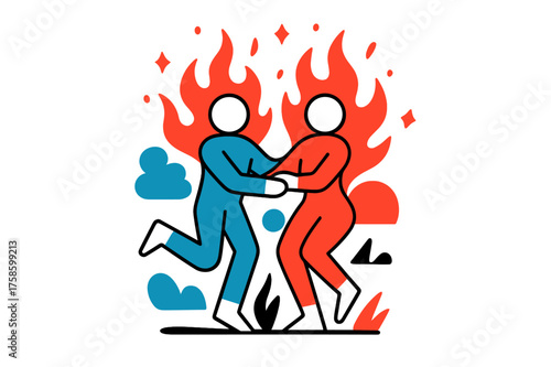 Twin Flames Passion. Twin flames. Two glowing silhouettes with fire-like shapes forming around them, abstract sparks rising upward, symbolizing passion and