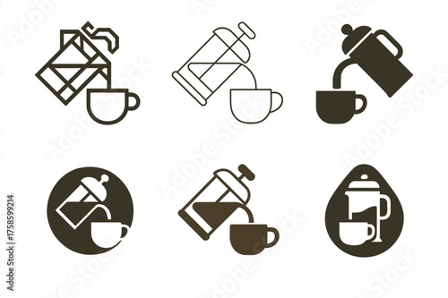 French Press Logos. Morning coffee ritual. Set Logo of Morning coffee ritual: French press mid-pour. harmonious logo variations of the same emblematic concept,