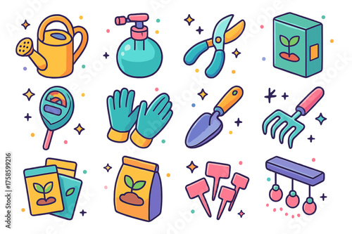 Colorful Plant Care Icons. Colorful isometric vector icons set of plant care tools: watering can, spray mister, pruning scissors, plant fertilizer box,