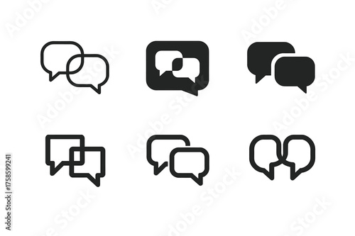 Logo Concepts Grid. Conversation flow. Set Logo of Conversation flow: Sequential speech bubbles showing back-and-forth. harmonious logo variations of the same