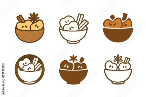 Apple Drying Logos. Drying apples. Set Logo of Drying apples: Potpourri bowl mixing dried apple, cinnamon, and star anise. harmonious logo variations of the