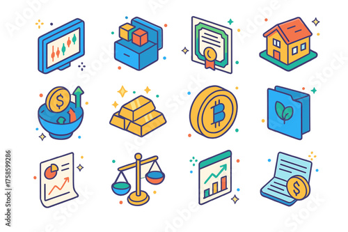 Investment Icons Grid. Colorful isometric vector icons set of investment strategies: stock ticker, diversified portfolio, bonds certificate, real estate