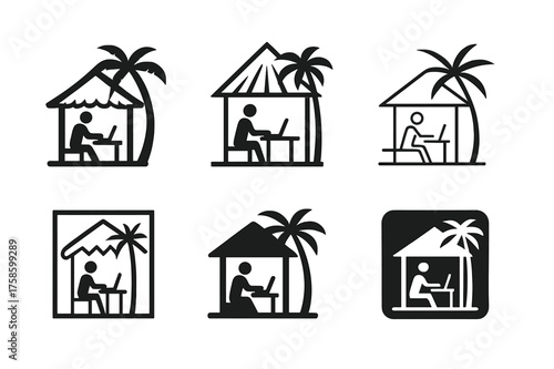 Tropical Freelancer Logos. Freelancer working from a tropical location. Set Logo of Freelancer working from a tropical location: Open-air coworking hut with