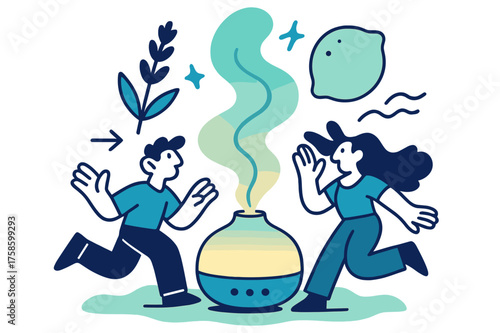 Colorful Aromatherapy Scene. Aromatherapy. A glowing essential oil diffuser with colorful mist flowing upward.