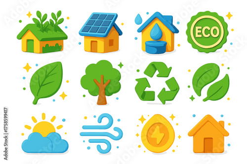 Sustainable Roofing Icons. Sustainable roofing. 3D icons set of sustainable roofing: green roof with plants, solar roof, water collection system, eco-friendly