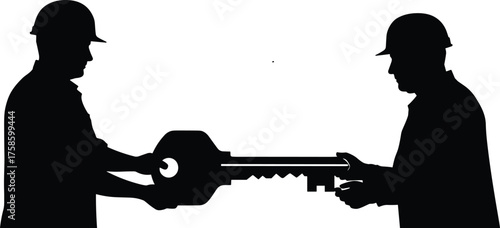 Silhouette workers, construction teamwork, key handover, authority transfer, project management, leadership change, safety helmets, industrial 