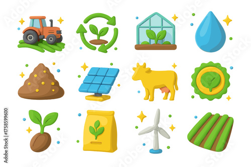 Sustainable Farming Icons. Sustainable farming. 3D icons set of sustainable farming: tractor on field, crop rotation symbol, greenhouse, water irrigation drop,